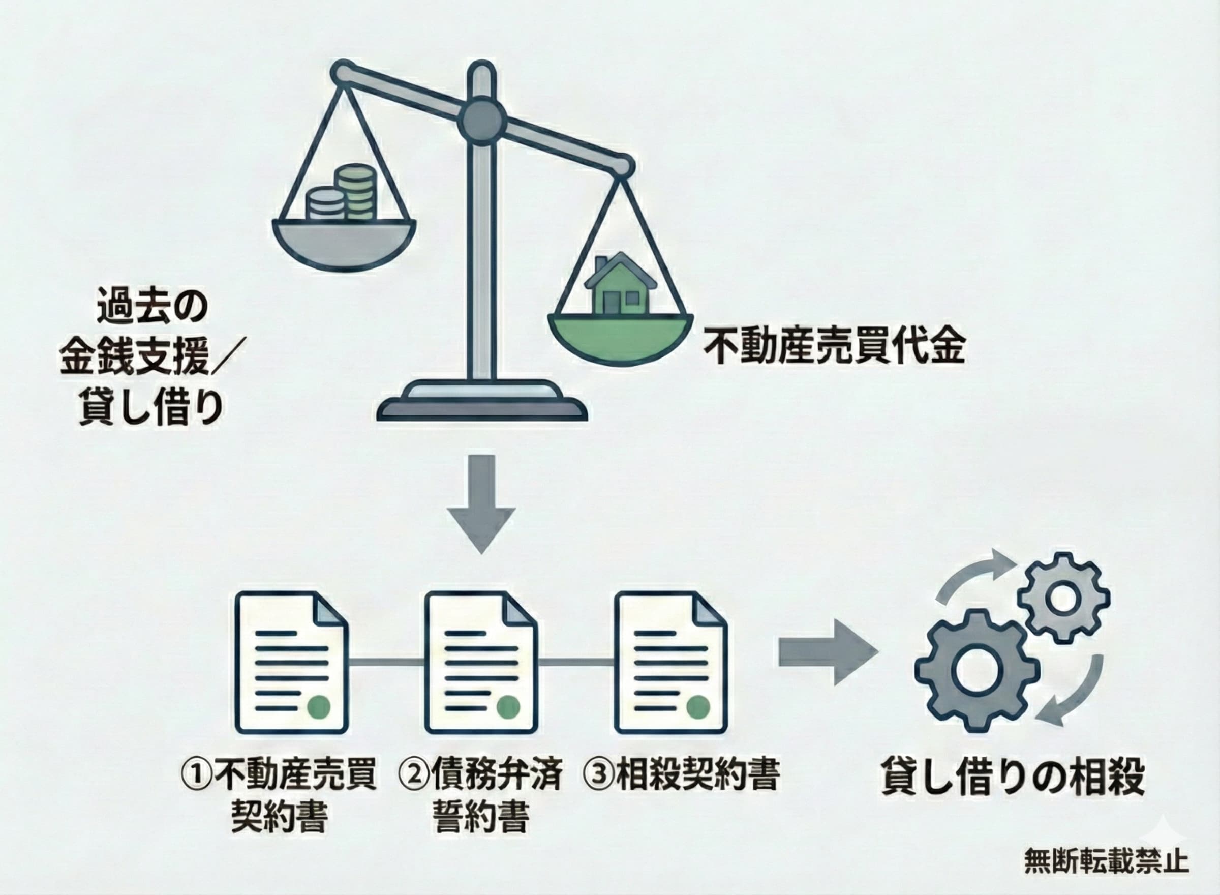 親族間売買における貸し借りの相殺スキーム図解。過去の金銭支援・貸し借りと不動産売買代金を天秤にかけ、①不動産売買契約書②債務弁済誓約書③相殺契約書の3点セットを整備して貸し借りの相殺を行う仕組みを示した図